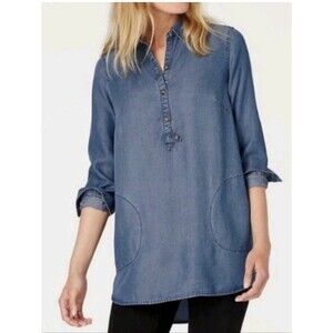 J Jill Denim Lyocell Chambray Tunic Top Small Blue Pockets Relaxed Fit